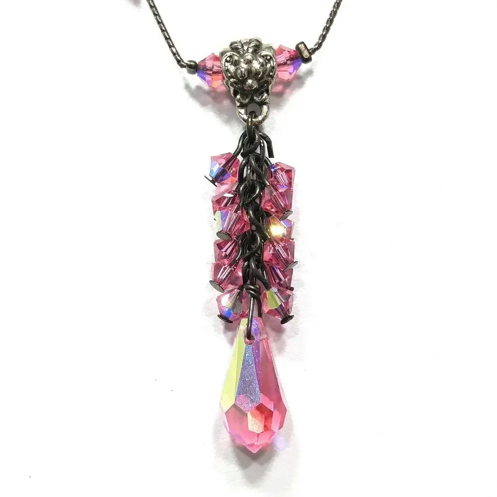 Dabby Reid Pink Swarovski Crystal Necklace, AB Beads, Dark Chain Vintage Jewelry